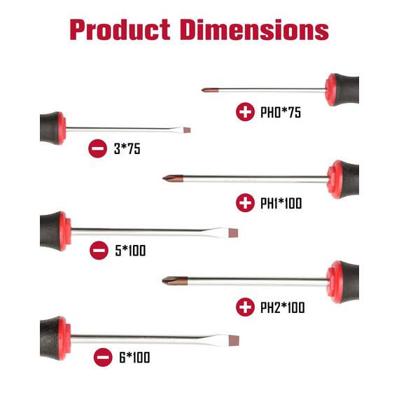 ROTATION 6-teiliges Schraubendreher-Set mit magnetischer Spitze, 3 Kreuzschlitz- und 3 flache, rote Spitze, rot, glänzend, S2-Stahl