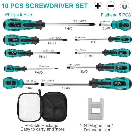 Schraubendreher Set Magnetisch, 10tlg Profi Schraubenzieher Set aus Chrom-Vanadium-Stahl, 5 Schlitz und 5 Kreuzschlitz Schraubendreher Satz, zum Befestigen und Lösen