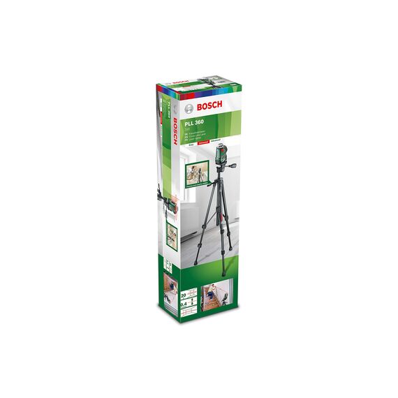 Bosch Home and Garden Kreuzlinienlaser PLL 360 Set (Stativ, Halterung, 4x AA-Batterien, Schutzasche, Arbeitsbereich 20 m, Messgenauigkeit ± 0,4 mm/m), 603663001, Schwarz, Grün