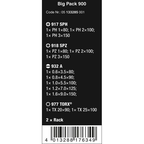 Wera Big Pack 900 Schraubendreher Set Kraftform - Schraubmeißel und Rack, 13-teilig, 05133285001