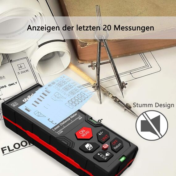 atolla Laser Entfernungsmesser messgerät bis zu 60m/±2mm Messung von Distanz Fläche Volumen mit M/In/Ft Datenspeicherfunktion(Bruchzahl möglich) LCD Hintergrundbeleuchtung Staub und Wasserschutz IP54