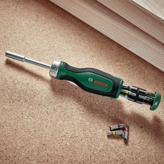 Bosch Ratschenschraubendreher mit Bit Magazin, 12-teilig (Ratschenschraubendreher mit hohem Drehmoment; 12 Bits im integrierten Bitmagazin enthalten; magnetischer Bithalter) - Amazon Edition