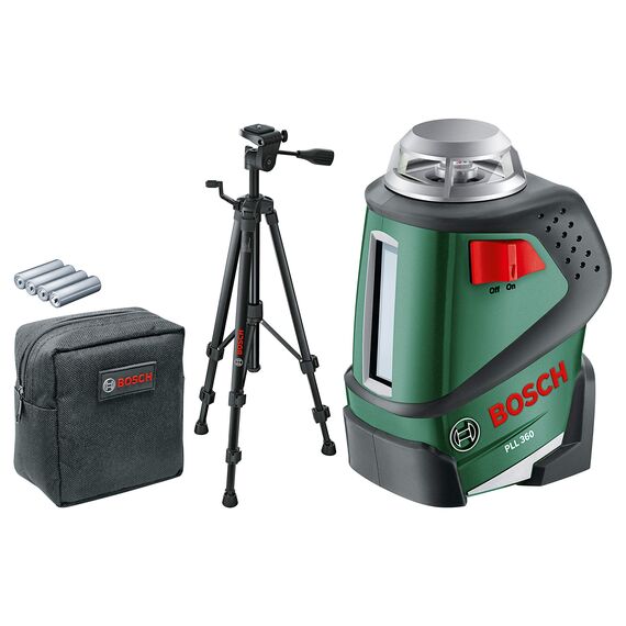 Bosch Home and Garden Kreuzlinienlaser PLL 360 Set (Stativ, Halterung, 4x AA-Batterien, Schutzasche, Arbeitsbereich 20 m, Messgenauigkeit ± 0,4 mm/m), 603663001, Schwarz, Grün