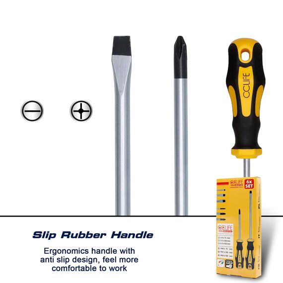 CCLIFE Magnetisches Schraubendreher Set 6-tlg Schlitz Kreuzschlitz PH0 PH1 PH2 CRV Stahl mit Ergonomischem Griff Anti Rutsch