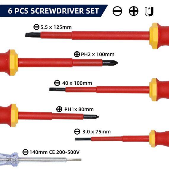 CCLIFE 6-tlg VDE Schraubendreher Set 1000V isoliert mit Spannungsprüfer Schlitz Kreuz PH1 PH2 Anti Rutsch Griff