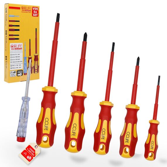 CCLIFE 6-tlg VDE Schraubendreher Set 1000V isoliert mit Spannungsprüfer Schlitz Kreuz PH1 PH2 Anti Rutsch Griff