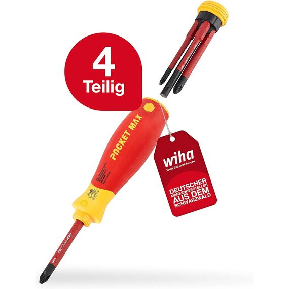 Wiha Schraubendreher Set gemischt PocketMax electric 4-tlg. mit verstaubarem Bit (45296) I Schraubenzieher Satz mit Magazin aus slimBits für Elektriker I Schlitz / Kreuzschlitz / Plusminus