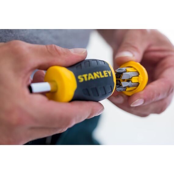 Stanley Bit-Schraubendreher "Stubby" (ohne Ratsche, kurze Ausführung, sechs Bits, PZ1/2;PH1/2;SL4/5/6, magnetische Spitze) 0-66-357