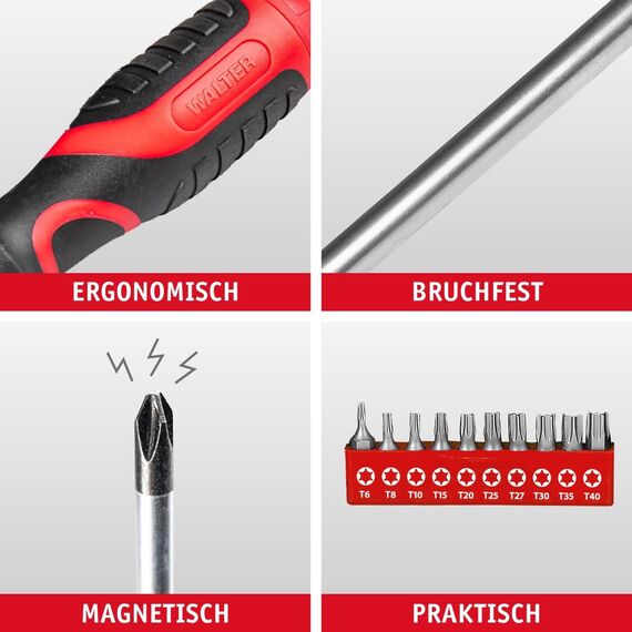 WALTER XXL Schraubendreher- & Bit-Set 100-teilig – Geschenk für Papa, Männer + Handwerker –inkl. Präzisions- & Winkelschraubendreher, Stecknüsse, Ratschen-Schrauber – Kreuzschlitz, Sechskant