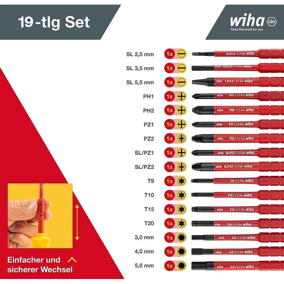 Wiha Schraubendreher und Bit Set slimVario (41231) 19tlg. |Schraubenzieher Griff VDE Bits für Elektriker I Schlitz/Kreuz/PlusMinus/TORX/Innensechskant