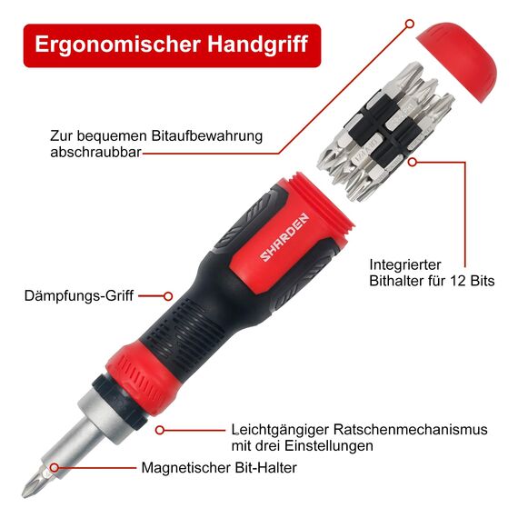 SHARDEN Ratschen Schraubendreher 13-in-1 Ratschen-Schraubendreher Multibit-Schraubendreher Multitool All in One mit Torx, Schlitz, Kreuzschlitz, Sechskant,Pozidriv und 1/4 Mutternschl¨¹ssel