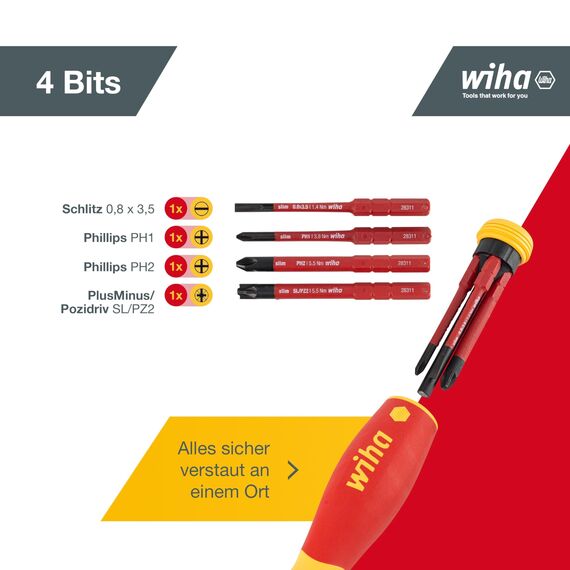 Wiha Schraubendreher Set gemischt PocketMax electric 4-tlg. mit verstaubarem Bit (45296) I Schraubenzieher Satz mit Magazin aus slimBits für Elektriker I Schlitz / Kreuzschlitz / Plusminus