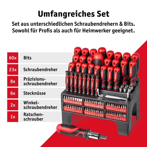 WALTER XXL Schraubendreher- & Bit-Set 100-teilig – Geschenk für Papa, Männer + Handwerker –inkl. Präzisions- & Winkelschraubendreher, Stecknüsse, Ratschen-Schrauber – Kreuzschlitz, Sechskant