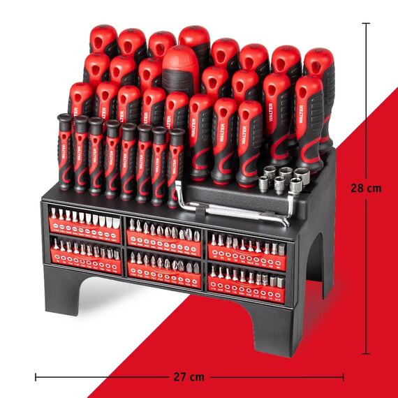 WALTER XXL Schraubendreher- & Bit-Set 100-teilig – Geschenk für Papa, Männer + Handwerker –inkl. Präzisions- & Winkelschraubendreher, Stecknüsse, Ratschen-Schrauber – Kreuzschlitz, Sechskant