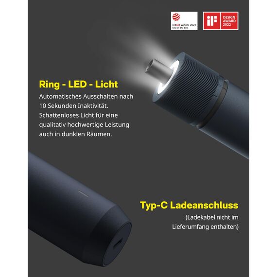 HOTO Magnetischer Elektrischer Schraubendreher Set mit 25 Bits, LED-Licht, 3 Drehmomentstufen(1.5/3/4 N.m), 1500-mAh-Akku, USB-C Aufladung, Mini Akkuschrauber für Möbel- und Elektrogeräte-Reparaturen