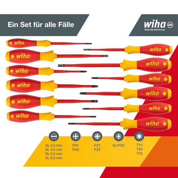 Wiha Schraubendreher Set 12-teilig, VDE geprüft, isoliert 1.000 V (41003) I Profi Schraubenzieher Set mit dünner Spitze Schlitz/Kreuz/Kreuzschlitz/Torx/Plusminus I Elektriker Werkzeug