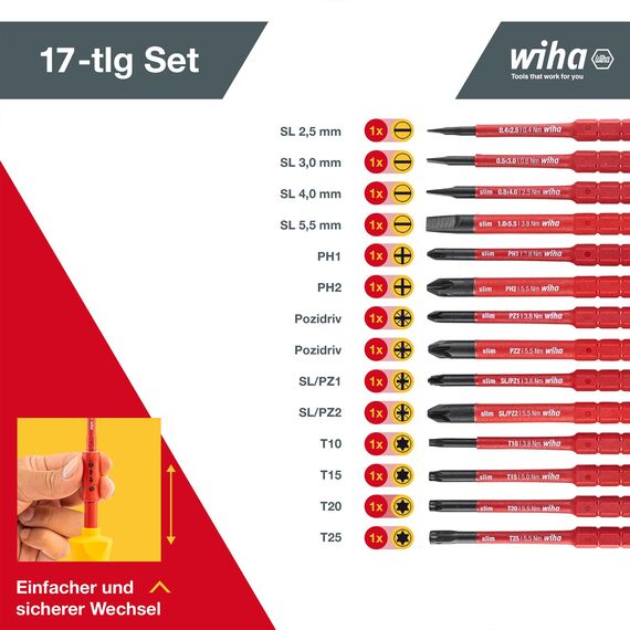 Wiha Schraubendreher und Bit Set slimVario (36068) 17 tlg. in Falttasche | VDE Elektriker | ( Schlitz, Kreuzschlitz, Torx, PlusMinus, Spannungsprüfer)