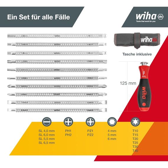 Wiha Schraubendreher mit Wechselklingen Set SYSTEM 6 (03591), 12 tlg. für tiefliegende Schrauben, Innensechskant/Kreuz/TORX/Schlitz inkl. Rolltasche