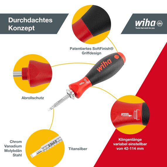 Wiha Schraubendreher mit Wechselklingen Set SYSTEM 6 (03591), 12 tlg. für tiefliegende Schrauben, Innensechskant/Kreuz/TORX/Schlitz inkl. Rolltasche