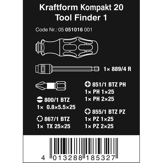 Wera 05051016001 Kraftform Kompakt 20 Tool Finder 1, mit Tasche, 7-teilig, Schwarz Grün, One size