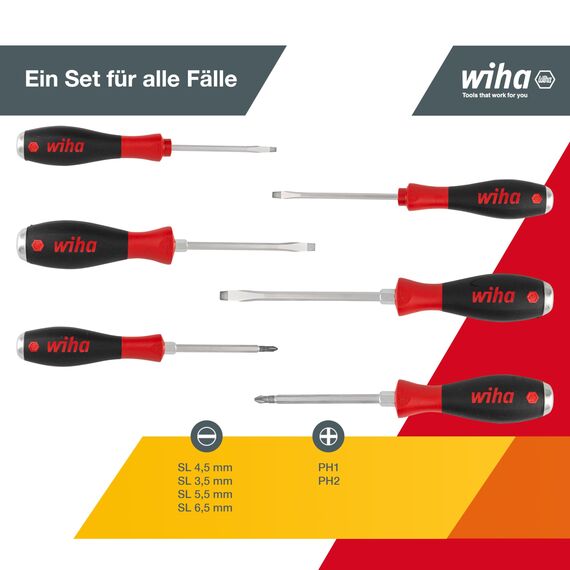 Wiha Schraubendreher Set mit Schlagkappe SoftFinish® (21250) 6 tlg. I Schraubenzieher Satz Alltag, Handwerk, Industrie I Schraubwerkzeug Schlitz/Kreuz