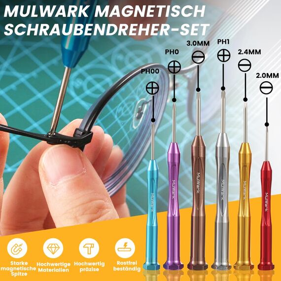 MulWark 6-teiliges Magnetisches Mikro Präzisions Schraubendreher Set - Mini Flach und Kreuzschlitz für Brillen, Uhren, iPhone & Elektronik-Reparatur (CR-V Stahl)