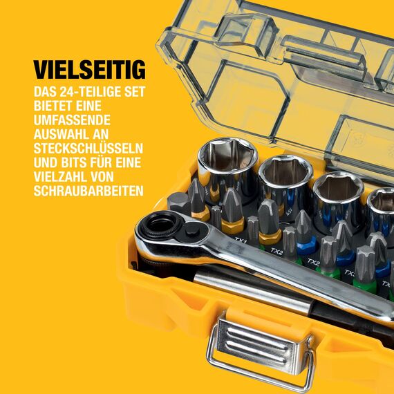 DEWALT 24-tlgs. Schrauber Bit- und Ratschen Set (1x Ratsche, 15x 25 mm Bits, 6x Steckschlüssel, 1x Bithalter, 1x Adapter, robustes Tough Case mit transparentem Deckel), DT71516-QZ