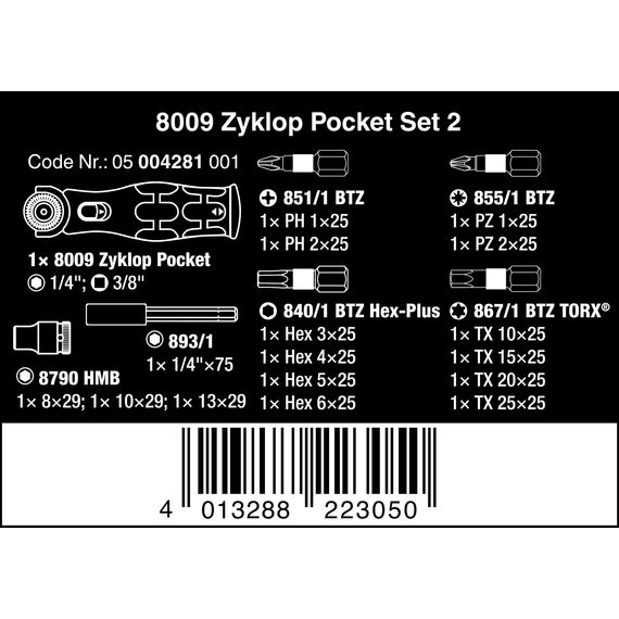 Wera 05004281001 8009 Zyklop Pocket Set 2, Knarren Satz, 17-teilig, Schwarz-grün