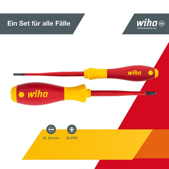 Wiha Schraubendreher Set 2-teilig Elektriker VDE geprüft, isoliert 1.000 V (36333 ) I Profi Schraubenzieher Set mit dünner Spitze Schlitz/Plusminus I Elektriker Werkzeug