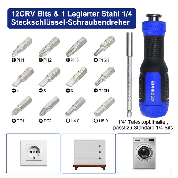 SHARDEN Multibit Schraubendreher 13-in-1 Magnetische Bohrer Verl?ngerung Schraubendreher Set Multitool All in One mit Torx, Schlitz, Kreuzschlitz, Sechskant,Pozidriv und 1/4 Mutternschl¨¹ssel
