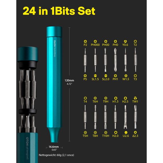 HOTO Feinmechaniker Schraubendreher Set, 24 in 1 Magnetisch Präzisions Schraubendreher Bits Set, Min Schraubenzieher Werkzeug Satz für Handy Laptop PC Brille Uhr, Klein 12 cm×1.66 cm, Grün