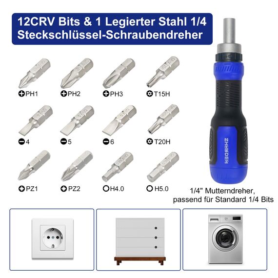 SHARDEN Ratschen Schraubendreher 13-in-1 Ratschen-Schraubendreher Multibit-Schraubendreher Multitool All in One mit Torx, Schlitz, Kreuzschlitz, Sechskant,Pozidriv und 1/4 Mutternschl¨¹ssel