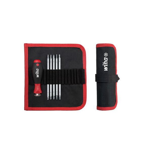 Wiha Schraubendreher mit Wechselklingen Set SYSTEM 6 (32298), 7 tlg. für tiefliegende Schrauben, Innensechskant/Kreuz/TORX/Schlitz inkl. Rolltasche