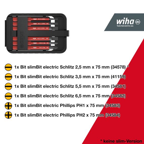Wiha Bit Set slimBit electric Schlitz, Phillips 6-tlg. inkl. I slimBit-Box I flexibel, kompakt, mobil I VDE geprüft (43159)
