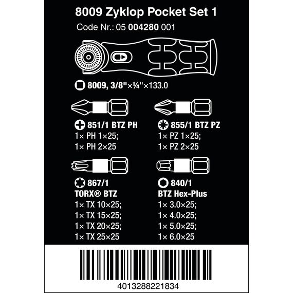 Wera 05004280001 8009 Zyklop Pocket Set 1, Knarren Satz, 13-teilig, Schwarz-grün
