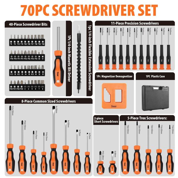 Sinoer 70-teiliges Magnetschraubendreher-Set mit Koffer, einschließlich Schlitz-, Kreuzschlitz-, Torx-, Sechskant-, Vierkant-, Pozidriv- und Präzisionsschraubendreher-Set