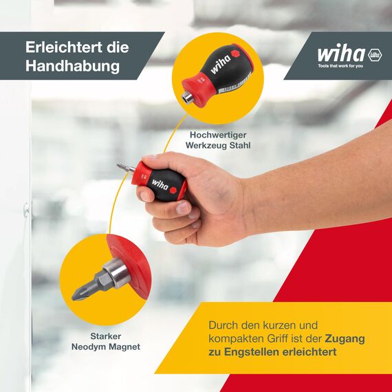 Wiha Schraubendreher Stubby mit Bit Magazin magnetisch (33741) I Schlitz, Kreuzschlitz I mit 6 Bits, 1/4"