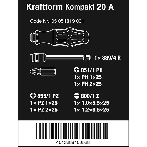 Wera 051019 Kraftform Kompakt 20a Bit Set, Black Green
