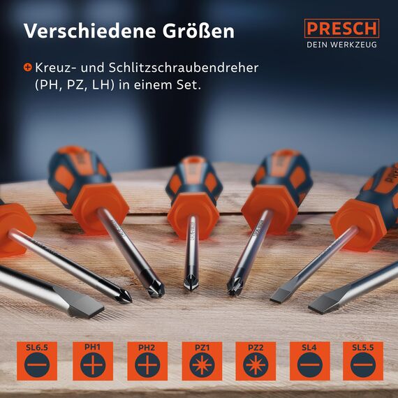 Presch Schraubendreher Set 7-tlg. mit Wandhalterung - Magnetisches Profi Schraubenzieher Set in Schlitz und Kreuzschlitz PH, PZ, SL - Hochwertiger Schraubendreher Satz mit gehärteten Spitzen