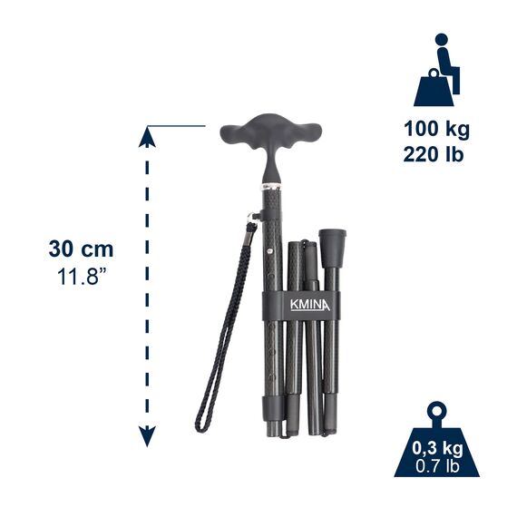 KMINA Gehstock Carbon Schwarz, Spazierstock für Damen und Herren, Leichtgewicht Kohlefaser Stock Höhenverstellbar, Eleganter Faltstock mit Ergonomischem Softgriff - Modell PRO