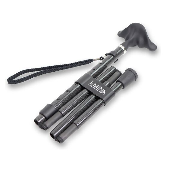 KMINA Gehstock Carbon Schwarz, Spazierstock für Damen und Herren, Leichtgewicht Kohlefaser Stock Höhenverstellbar, Eleganter Faltstock mit Ergonomischem Softgriff - Modell PRO