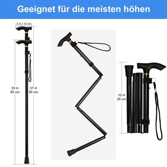 supregear Faltstock, 5-Stufig Höhenverstellbarer Gehstock Leichter Tragbarer Gehstock Reisestock mit Handschlaufe und T-Griff für Altere Behinderte Männer Frauen
