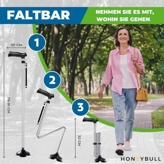 HONEYBULL Selbststehender Gehstock für jedes Gelände – Faltbar, höhenverstellbar, mit ergonomischem Griff & Rutschfester Drehspitze – für Senioren & Erwachsene, Männer & Frauen (Silber)