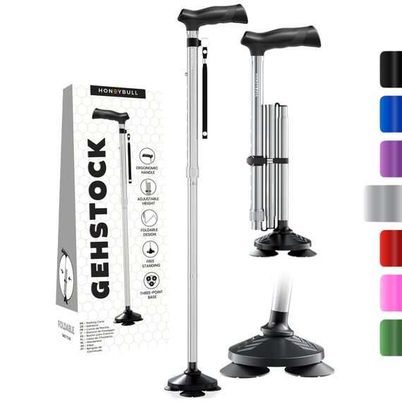 HONEYBULL Selbststehender Gehstock für jedes Gelände – Faltbar, höhenverstellbar, mit ergonomischem Griff & Rutschfester Drehspitze – für Senioren & Erwachsene, Männer & Frauen (Silber)
