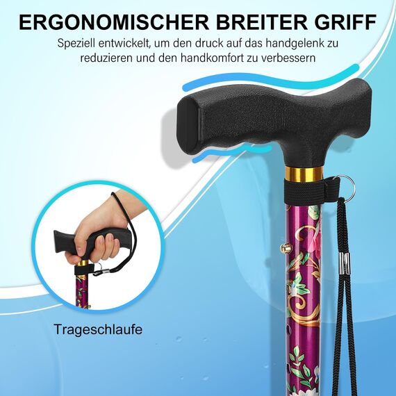 supregear Faltbarer Gehstock - Gehstock Klappbar, Höhenverstellbarer Spazierstock, Flexibler Leichter Reisestock, Zusammenklappbare Gehhilfe zur Balance, für Männer und Frauen, Lila Blumen