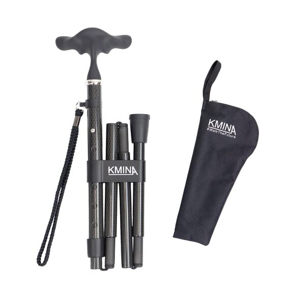 KMINA Gehstock Carbon Schwarz, Spazierstock für Damen und Herren, Leichtgewicht Kohlefaser Stock Höhenverstellbar, Eleganter Faltstock mit Ergonomischem Softgriff - Modell PRO