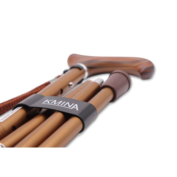 KMINA Gehstock Klappbar mit Holzgriff, Faltbarer Spazierstock für Damen und Herren, Höhenverstellbarer Aluminium Stock Elegant, Leichte Gehhilfe mit Handschlaufe und Tasche - Modell PRO