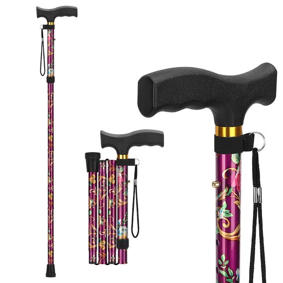 supregear Faltbarer Gehstock - Gehstock Klappbar, Höhenverstellbarer Spazierstock, Flexibler Leichter Reisestock, Zusammenklappbare Gehhilfe zur Balance, für Männer und Frauen, Lila Blumen