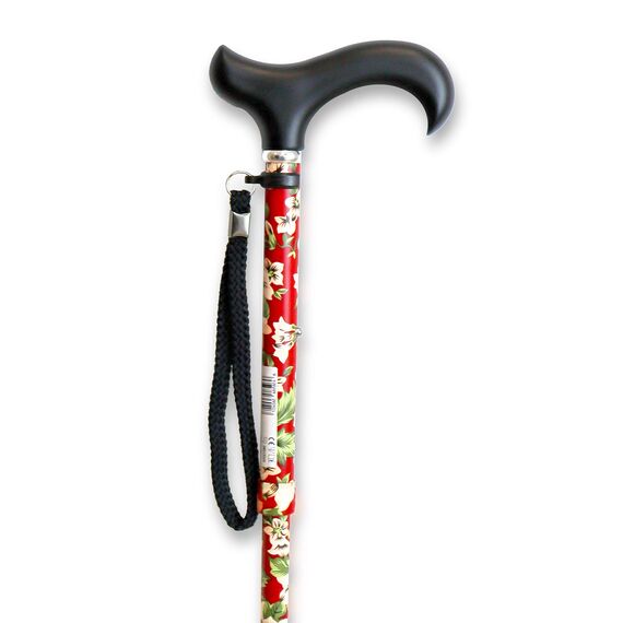 KMINA Gehstock Damen Blumen Rot, Elegant Faltbar und Höhenverstellbar, Klappbarer Spazierstock aus Aluminium, Leichte Gehhilfe mit Softgriff und Handschlaufe - Modell PRO