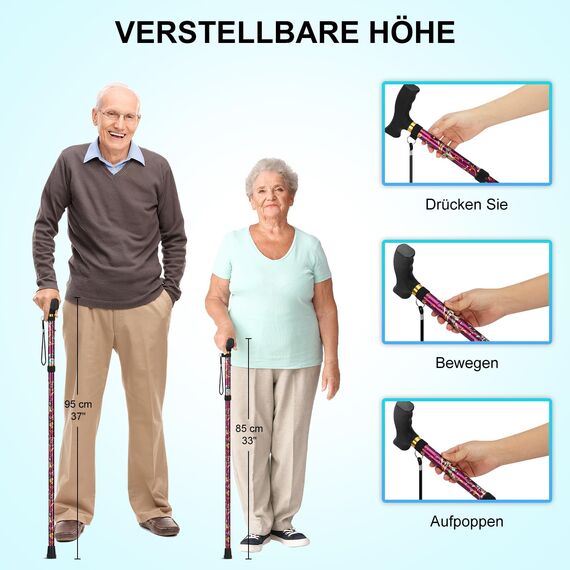 supregear Faltbarer Gehstock - Gehstock Klappbar, Höhenverstellbarer Spazierstock, Flexibler Leichter Reisestock, Zusammenklappbare Gehhilfe zur Balance, für Männer und Frauen, Lila Blumen